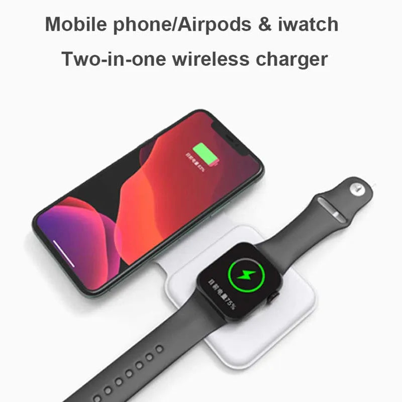 White foldable magnetic wireless charging dock shown open with two phones charging.