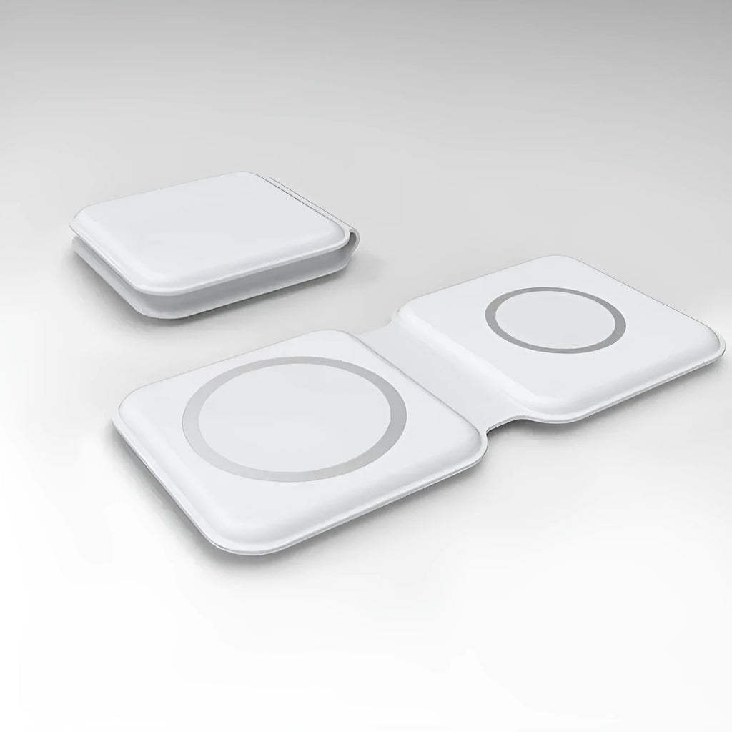 White foldable magnetic wireless charging dock shown open with two phones charging.