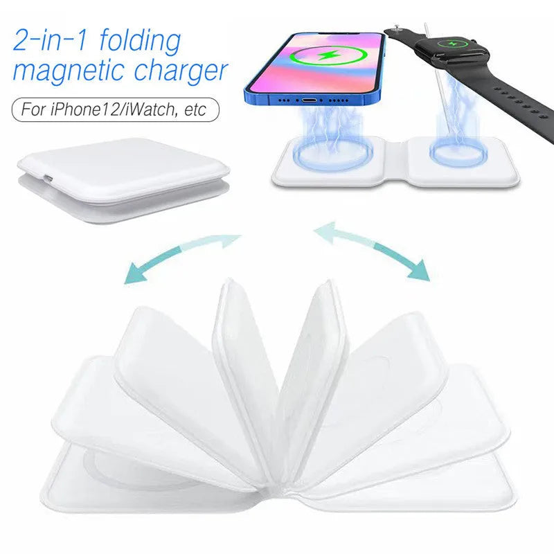 White foldable magnetic wireless charging dock shown open with two phones charging.
