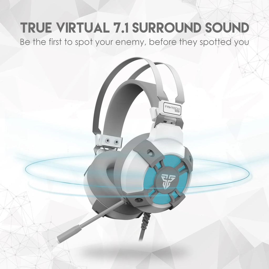 Black FANTECH HG11 USB gaming headset with large ear cups, RGB lighting, and a cable with inline remote control.