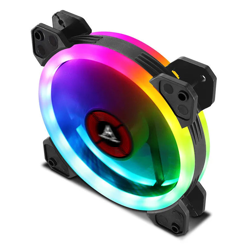 12cm PC chassis cooling fan with camouflage pattern and RGB colour-changing LEDs.
