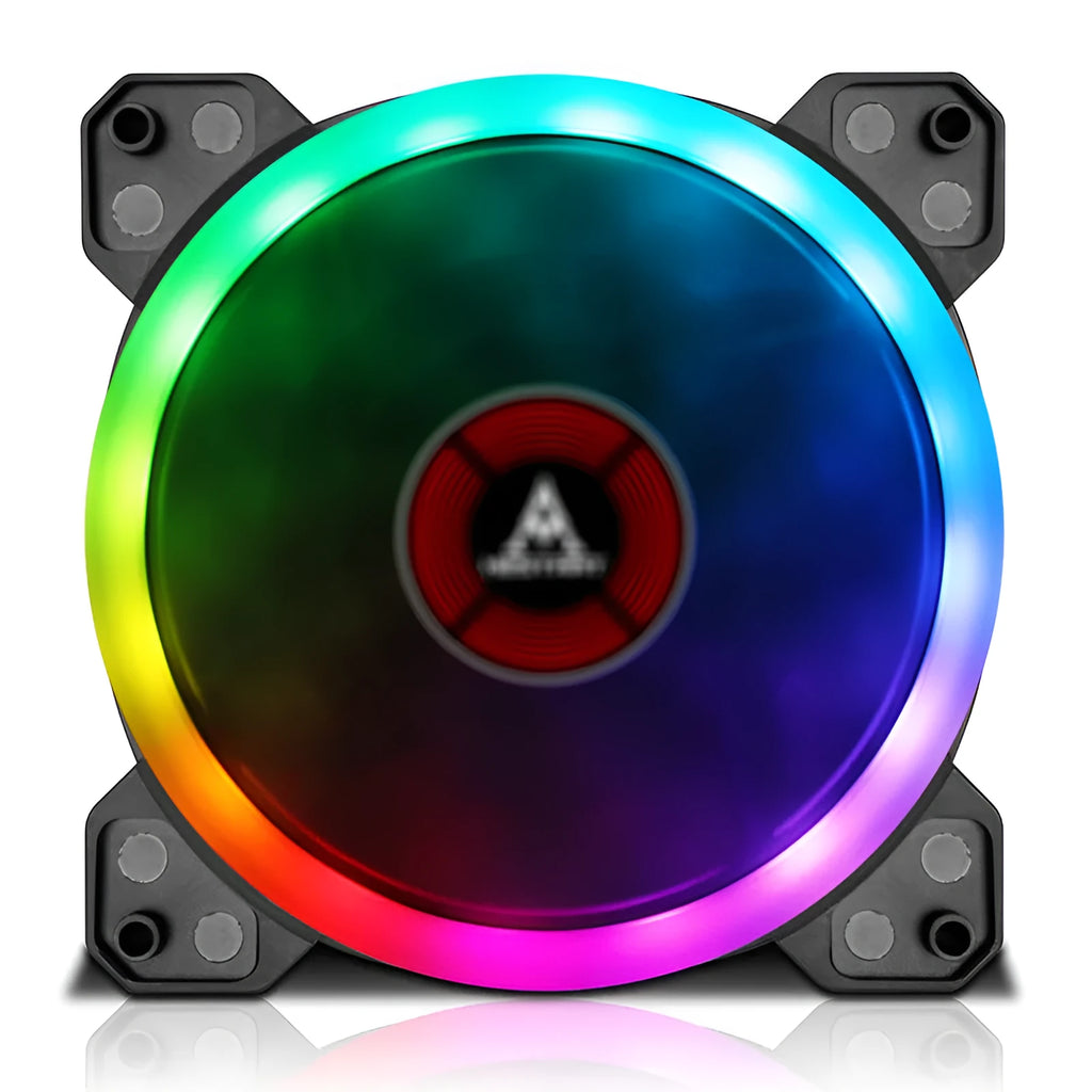 12cm PC chassis cooling fan with camouflage pattern and RGB colour-changing LEDs.