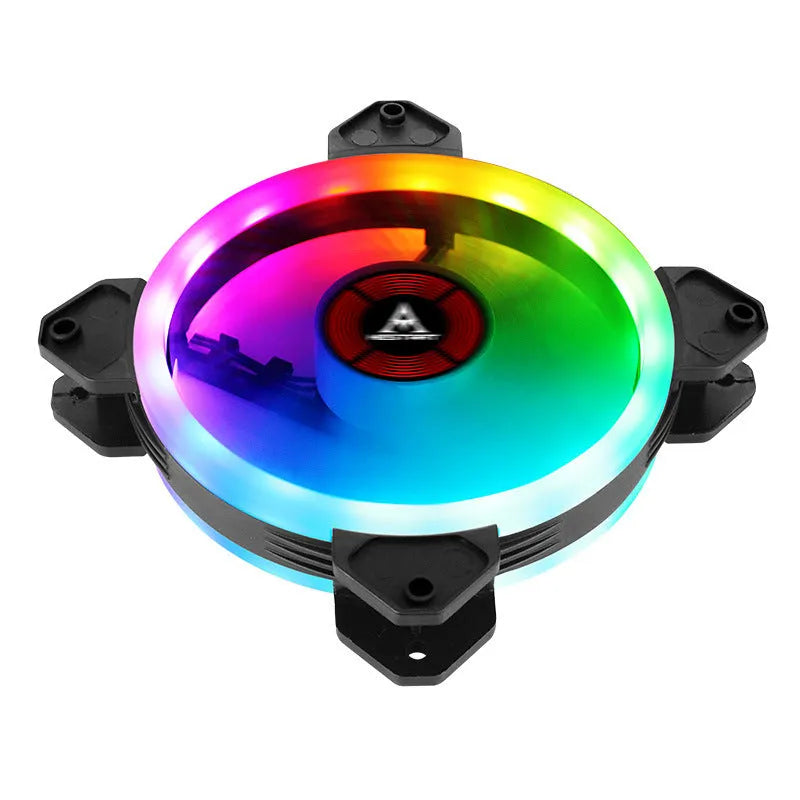 12cm PC chassis cooling fan with camouflage pattern and RGB colour-changing LEDs.