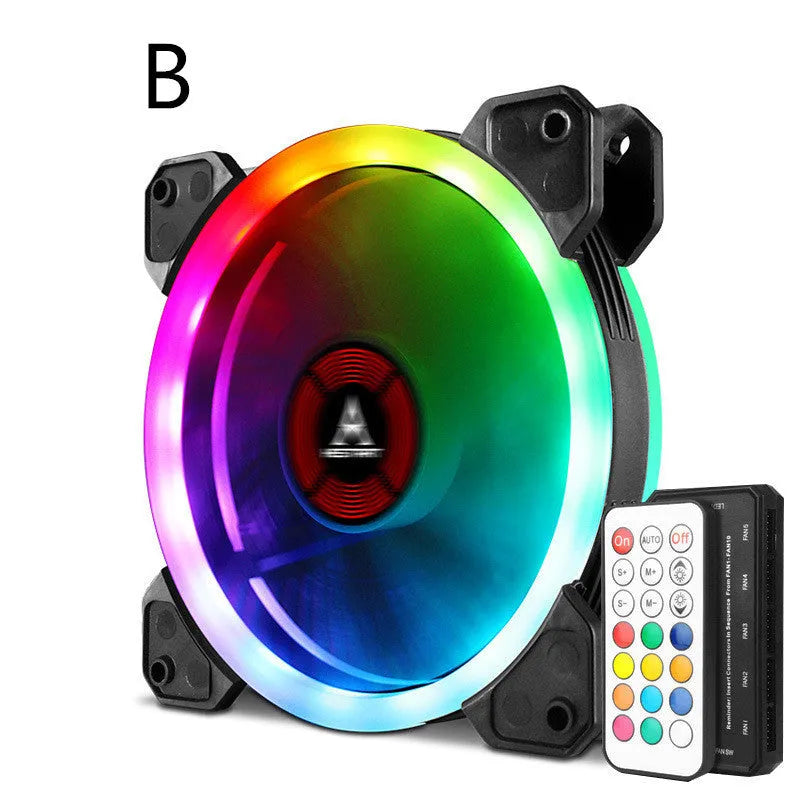 12cm PC chassis cooling fan with camouflage pattern and RGB colour-changing LEDs.