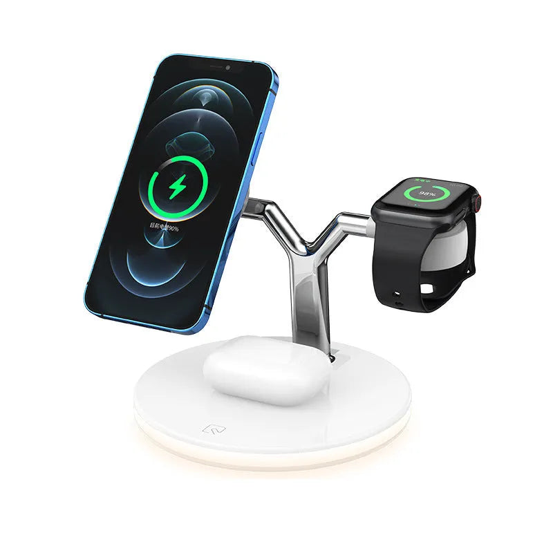 Black 15W wireless fast magnetic three-in-one charger for iPhone and Apple Watch