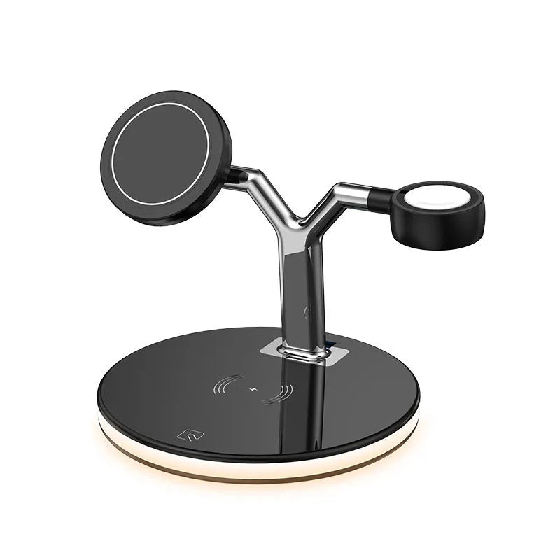 Black 15W wireless fast magnetic three-in-one charger for iPhone and Apple Watch