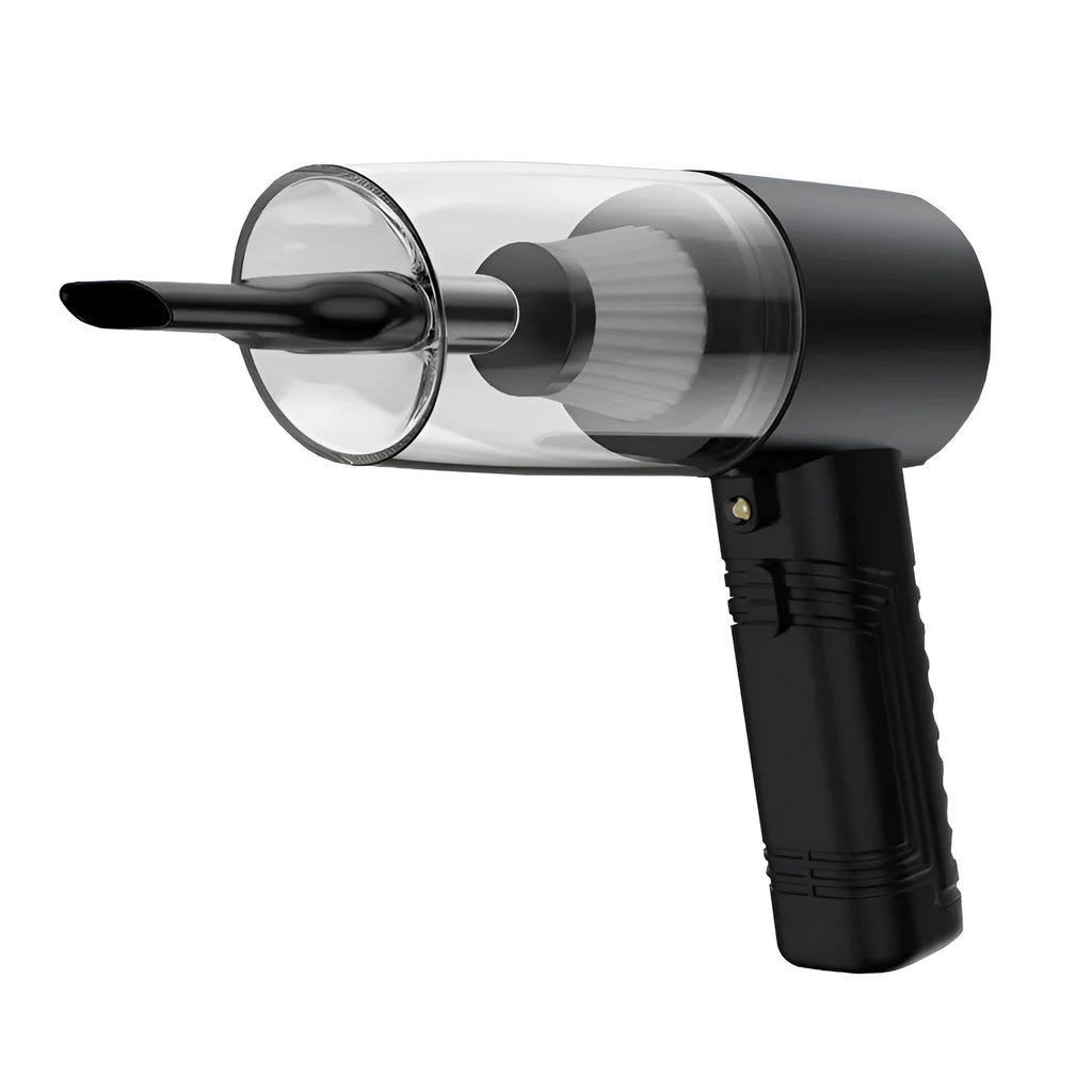 Black 12V portable car vacuum cleaner with attachments on a car seat.