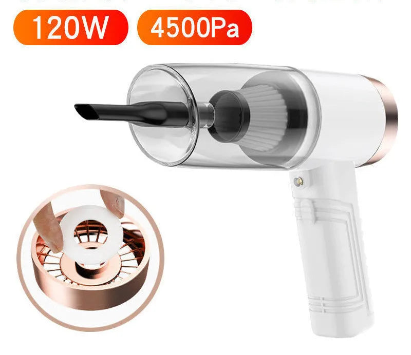 Black 12V portable car vacuum cleaner with attachments on a car seat.