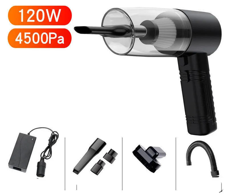 Black 12V portable car vacuum cleaner with attachments on a car seat.
