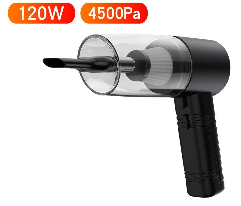 Black 12V portable car vacuum cleaner with attachments on a car seat.