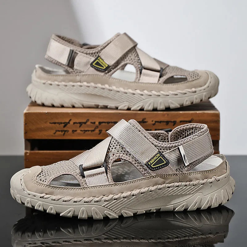 Men's grey genuine leather casual sandals with breathable mesh lining and elastic band closure
