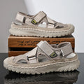 Men's grey genuine leather casual sandals with breathable mesh lining and elastic band closure