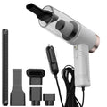Black 12V portable car vacuum cleaner with attachments on a car seat.