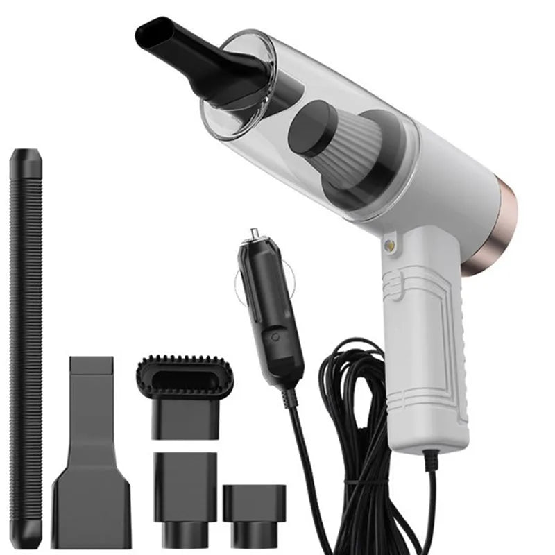 Black 12V portable car vacuum cleaner with attachments on a car seat.