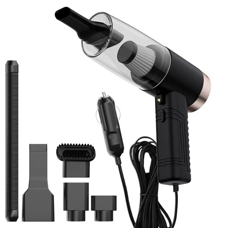 Black 12V portable car vacuum cleaner with attachments on a car seat.