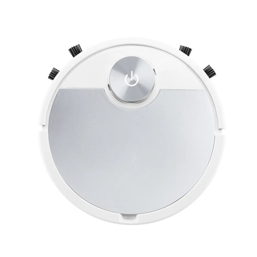 Golden and silver intelligent robot vacuum cleaner with remote control on hardwood floor