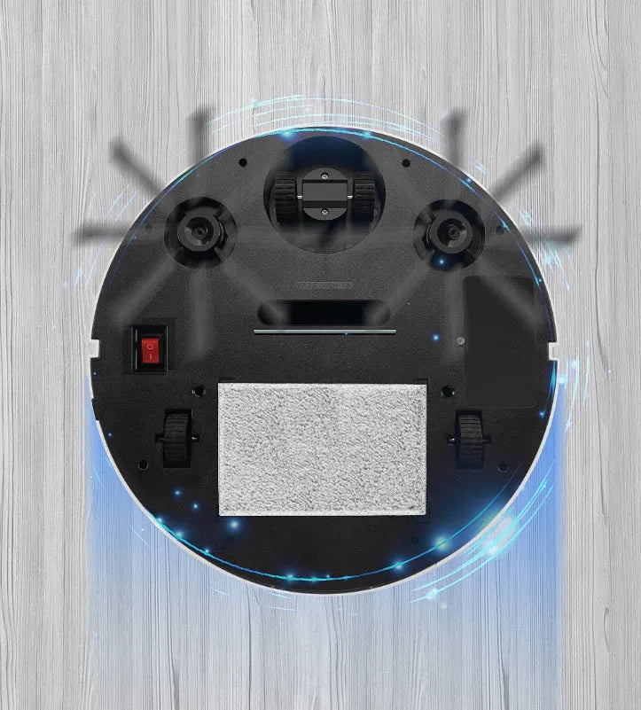 Golden and silver intelligent robot vacuum cleaner with remote control on hardwood floor