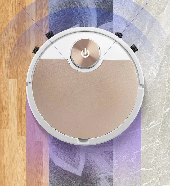 Golden and silver intelligent robot vacuum cleaner with remote control on hardwood floor