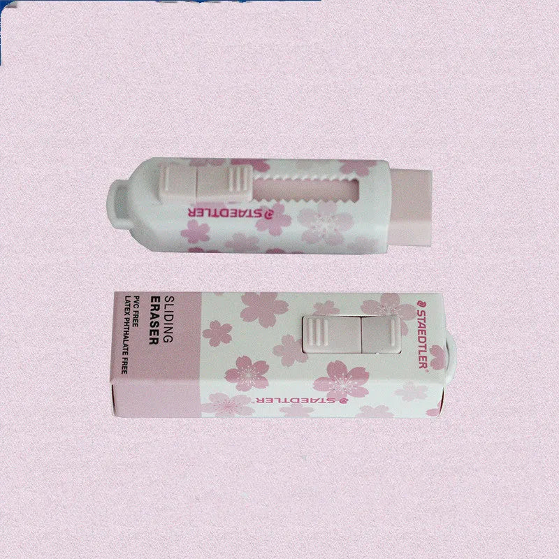 Pink square push-pull student eraser with replaceable core, 86mm long.