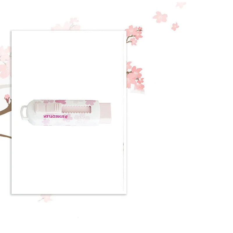 Pink square push-pull student eraser with replaceable core, 86mm long.