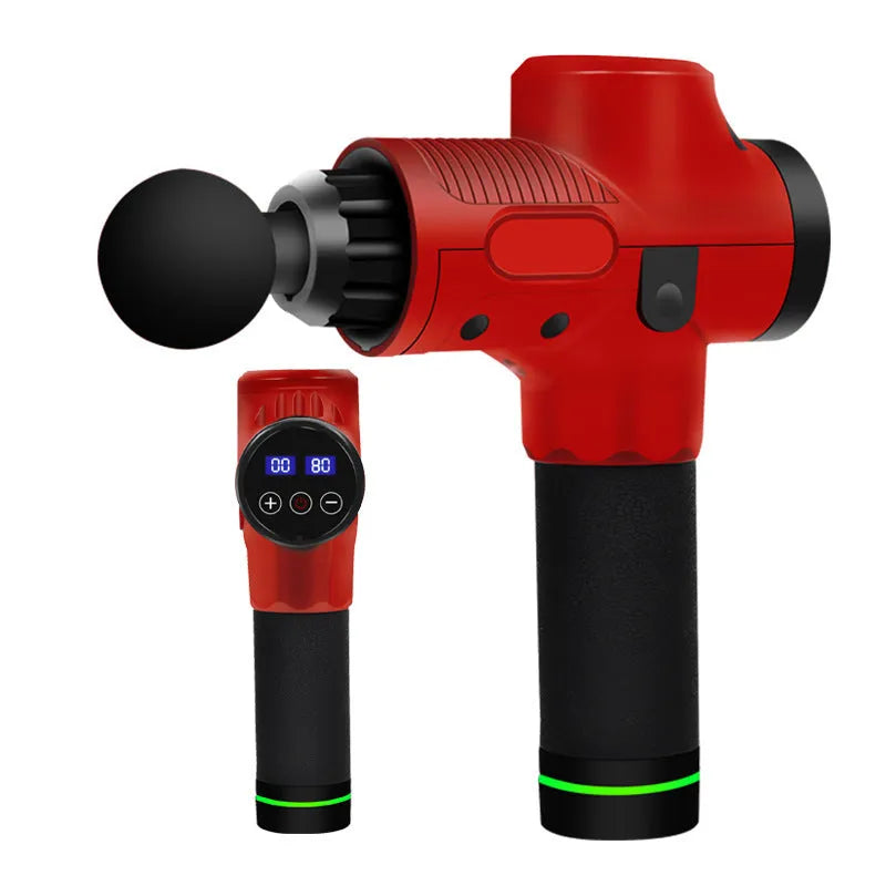 Black electric body massage gun with seven different coloured interchangeable attachment heads.