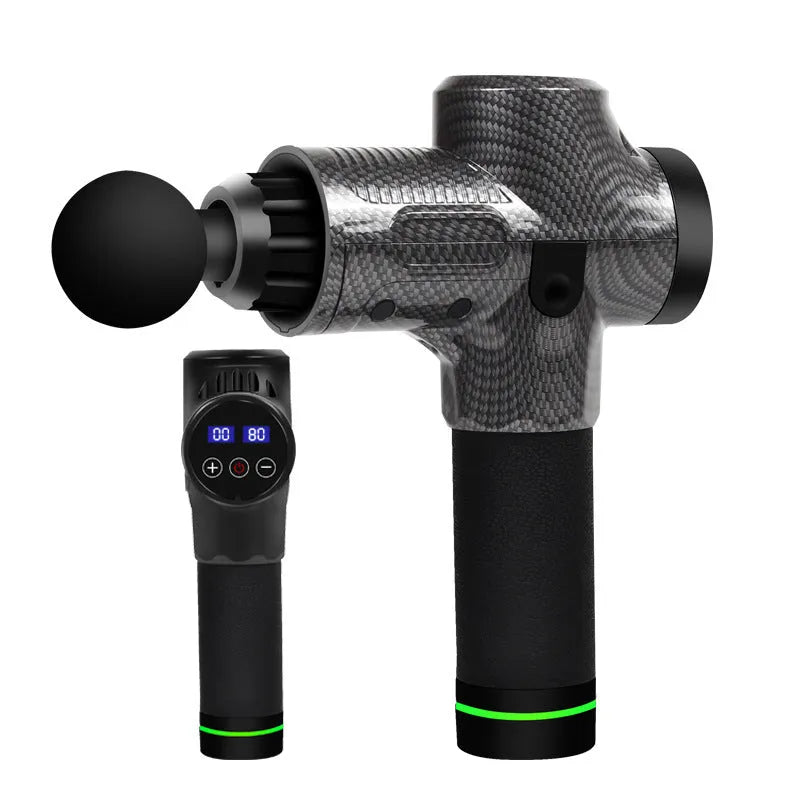 Black electric body massage gun with seven different coloured interchangeable attachment heads.