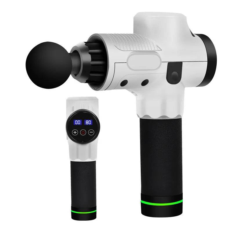 Black electric body massage gun with seven different coloured interchangeable attachment heads.