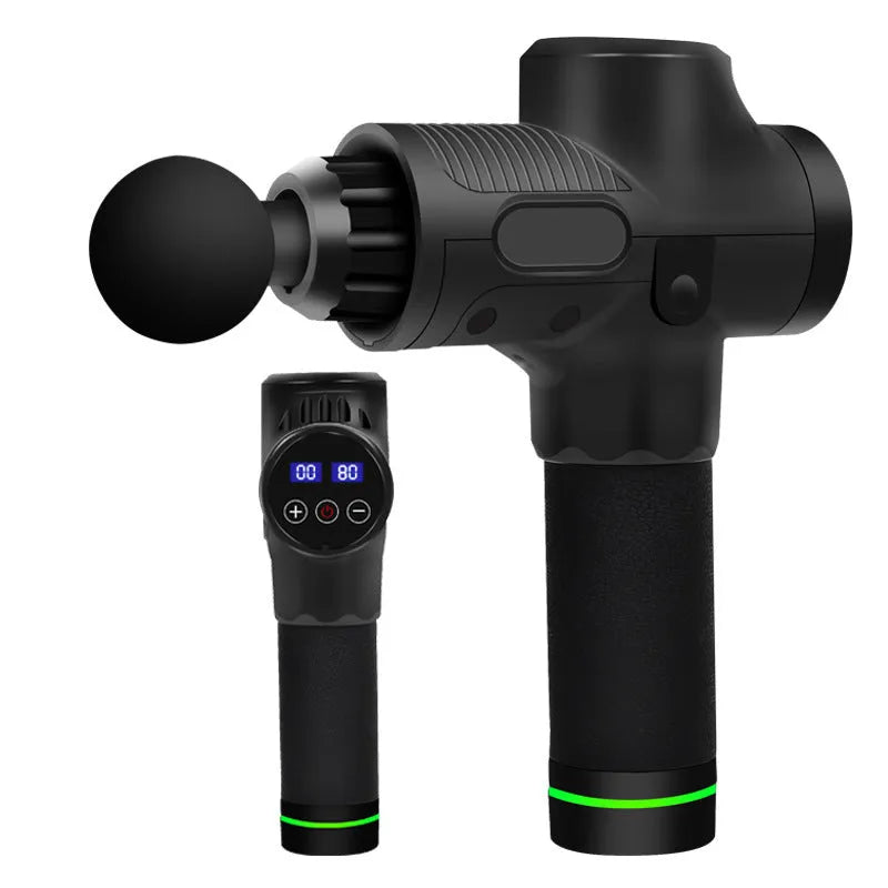 Black electric body massage gun with seven different coloured interchangeable attachment heads.