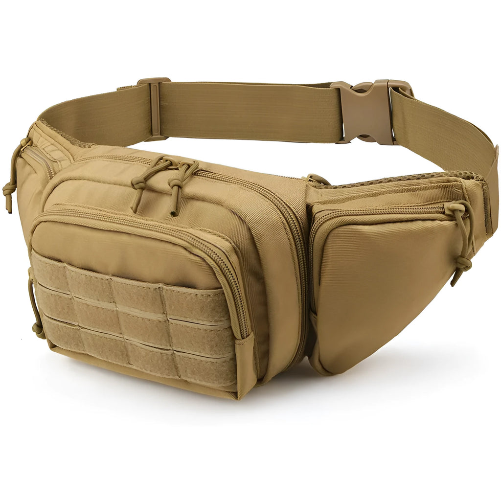 Tactical waist bag in black or khaki with multiple compartments and adjustable waist belt