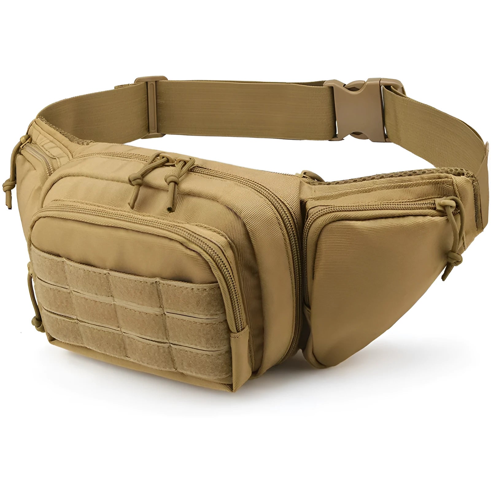 Tactical waist bag in black or khaki with multiple compartments and adjustable waist belt