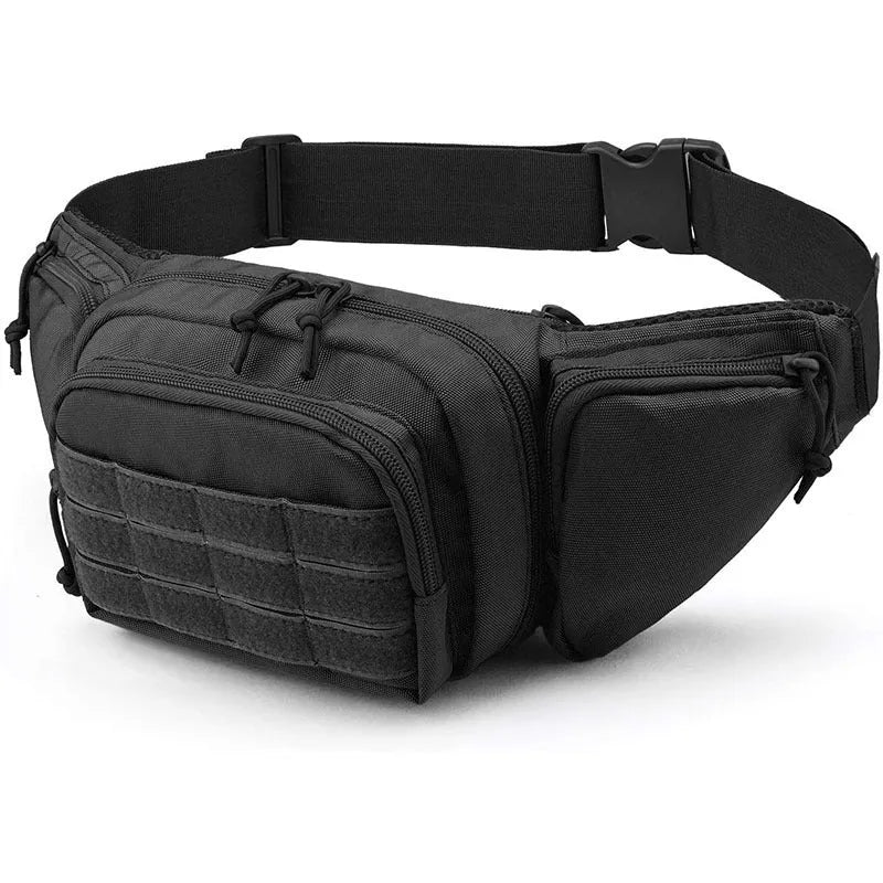 Tactical waist bag in black or khaki with multiple compartments and adjustable waist belt