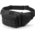 Tactical waist bag in black or khaki with multiple compartments and adjustable waist belt