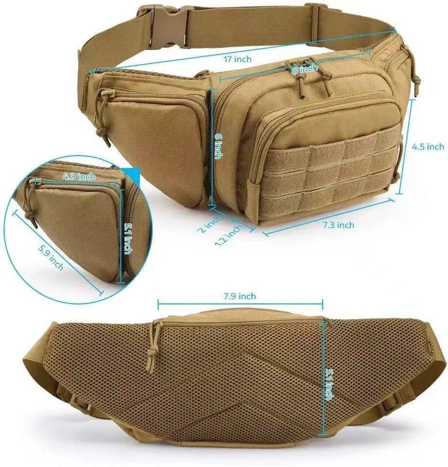 Tactical waist bag in black or khaki with multiple compartments and adjustable waist belt