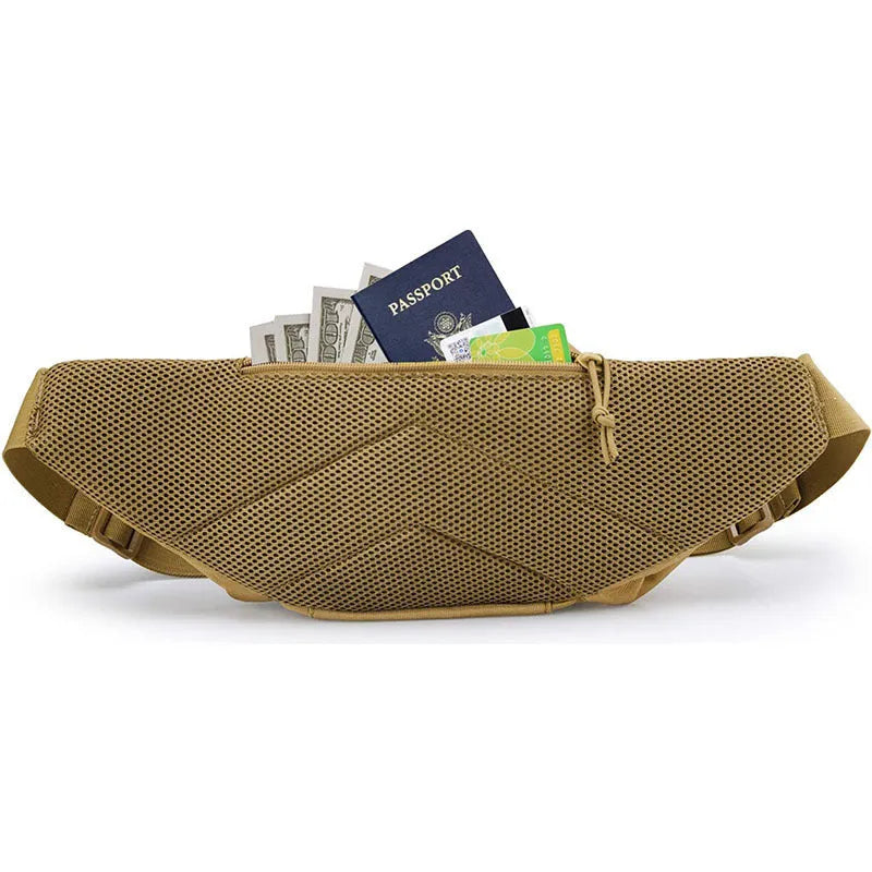 Tactical waist bag in black or khaki with multiple compartments and adjustable waist belt