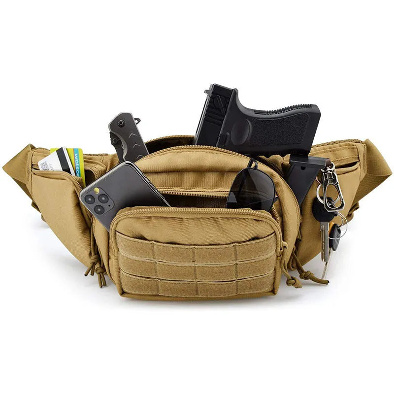 Tactical waist bag in black or khaki with multiple compartments and adjustable waist belt