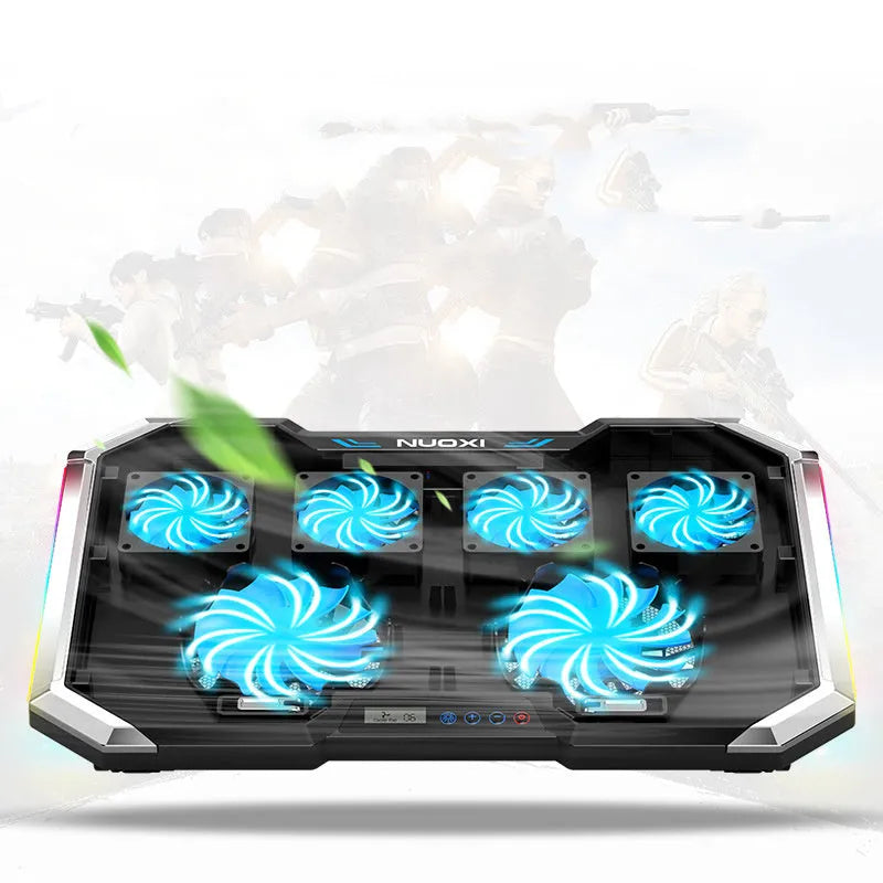 Black notebook computer fan radiator base bracket with six USB-powered fans for laptop cooling