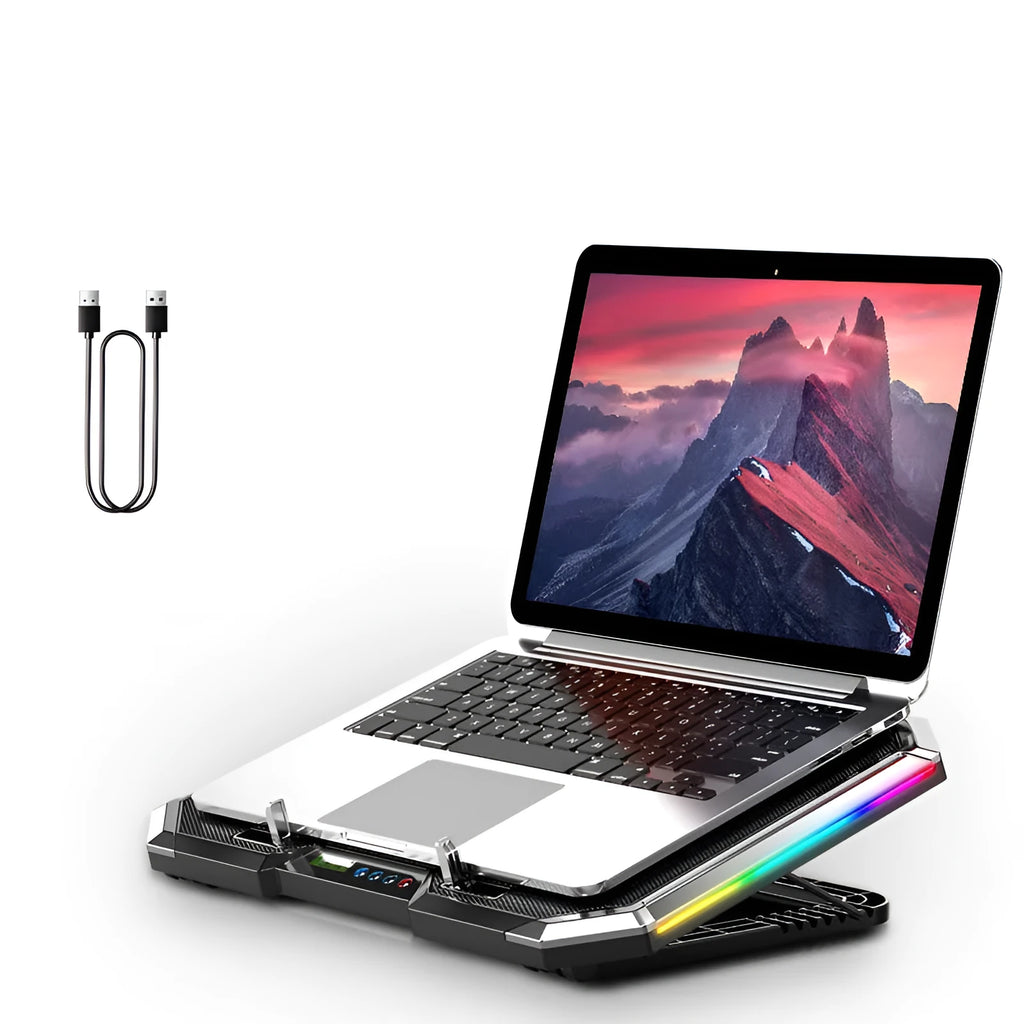 Black notebook computer fan radiator base bracket with six USB-powered fans for laptop cooling