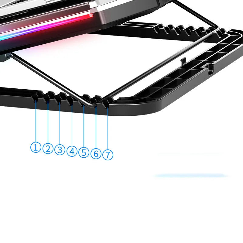 Black notebook computer fan radiator base bracket with six USB-powered fans for laptop cooling
