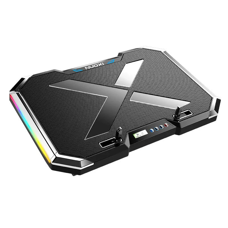 Black notebook computer fan radiator base bracket with six USB-powered fans for laptop cooling