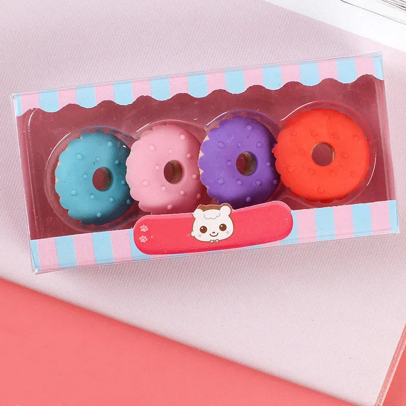 Cartoon themed eraser set with cone, ice cream, donut and lollipop shapes for children