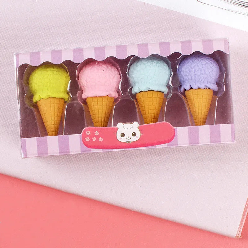 Cartoon themed eraser set with cone, ice cream, donut and lollipop shapes for children