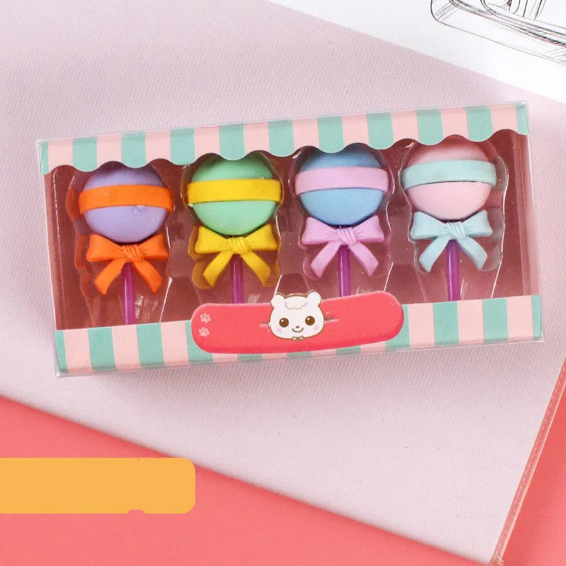 Cartoon themed eraser set with cone, ice cream, donut and lollipop shapes for children