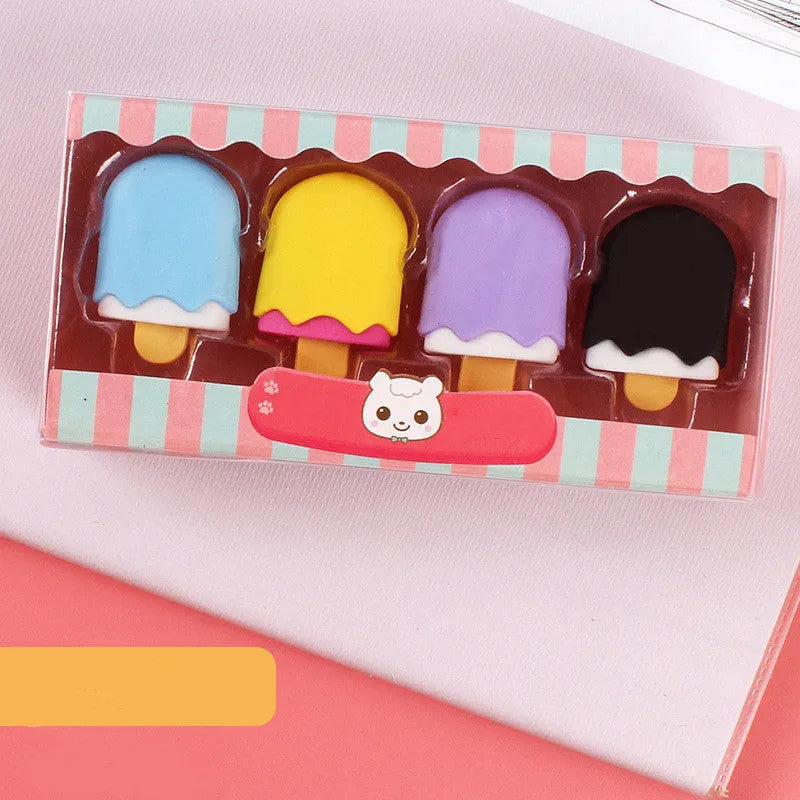 Cartoon themed eraser set with cone, ice cream, donut and lollipop shapes for children