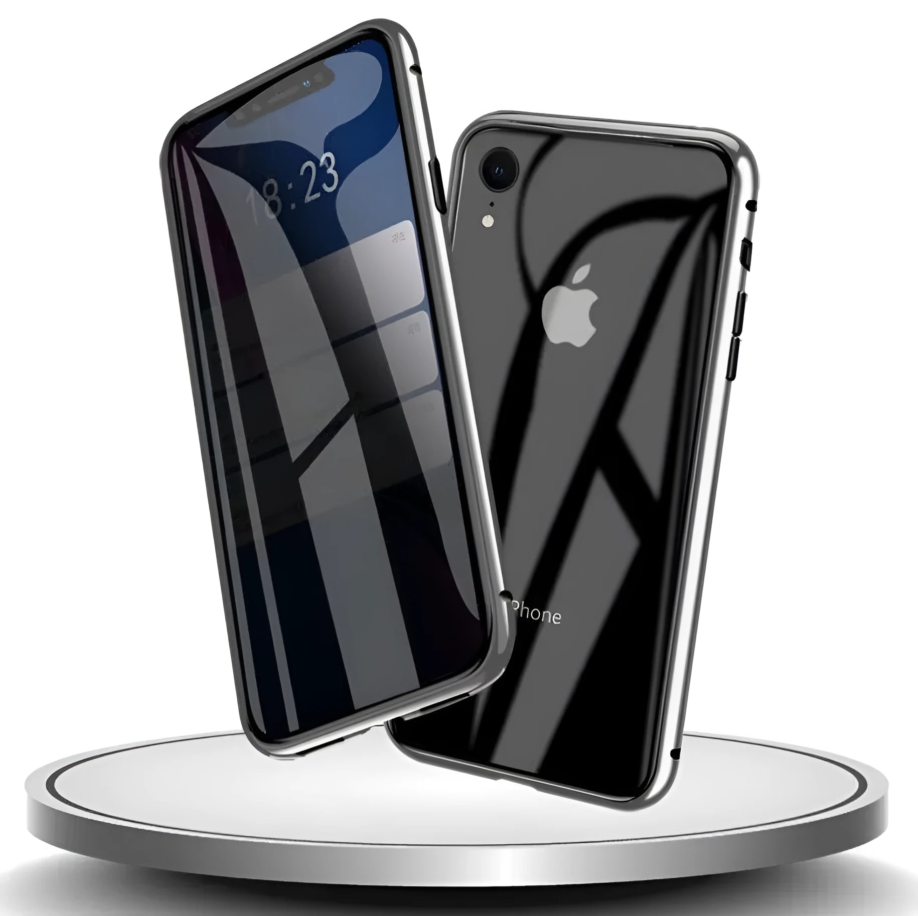 Anti-spy clamshell iPhone case in aluminium and glass, shown in black, silver, red, gold, green, and blue colour options.