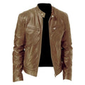 Men's zip-up PU leather cardigan jacket with stand collar, black, loose fit