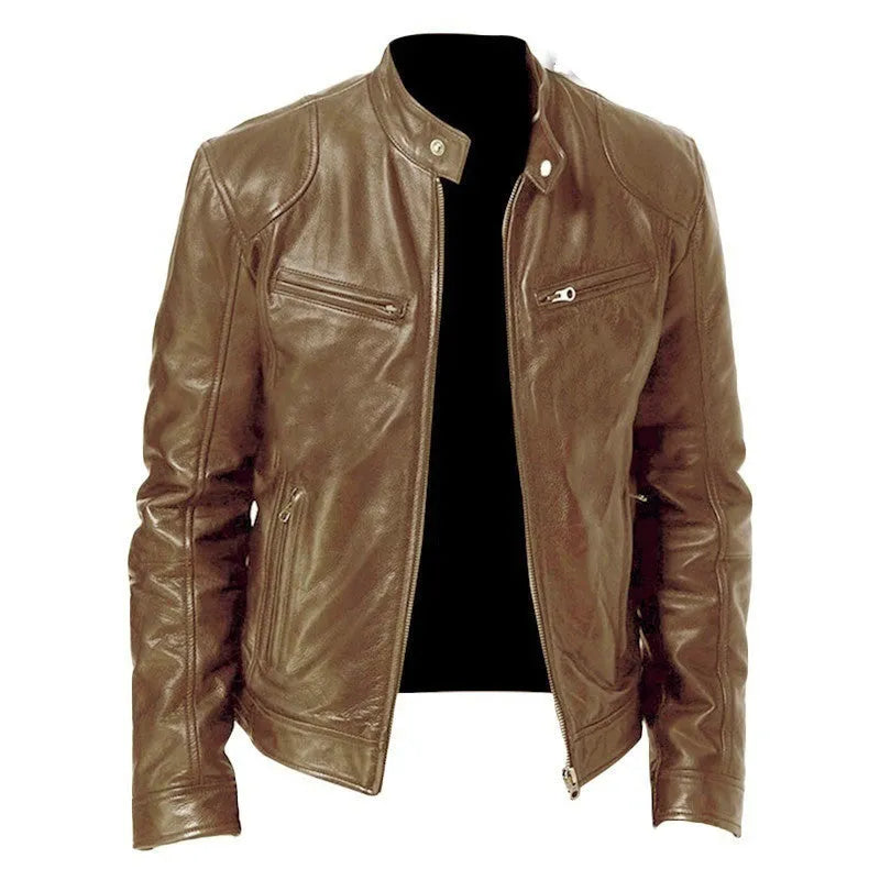 Men's zip-up PU leather cardigan jacket with stand collar, black, loose fit