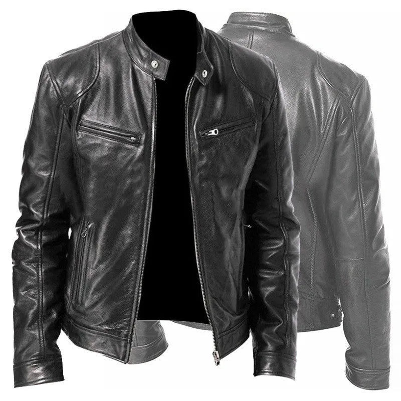 Men's zip-up PU leather cardigan jacket with stand collar, black, loose fit