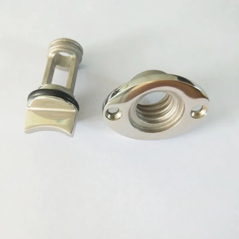 Stainless steel marine water plug for deck drains on ships and yachts.
