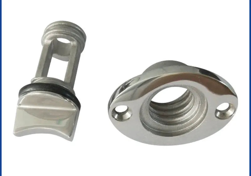 Stainless steel marine water plug for deck drains on ships and yachts.