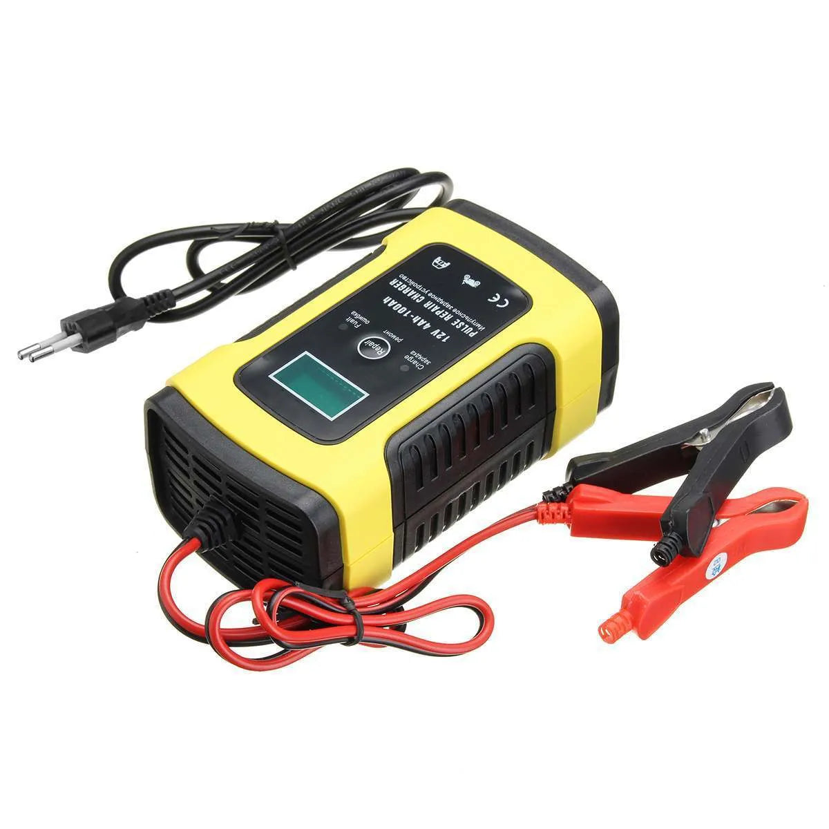 12V 6A LCD battery charger in black with compact casing and display screen